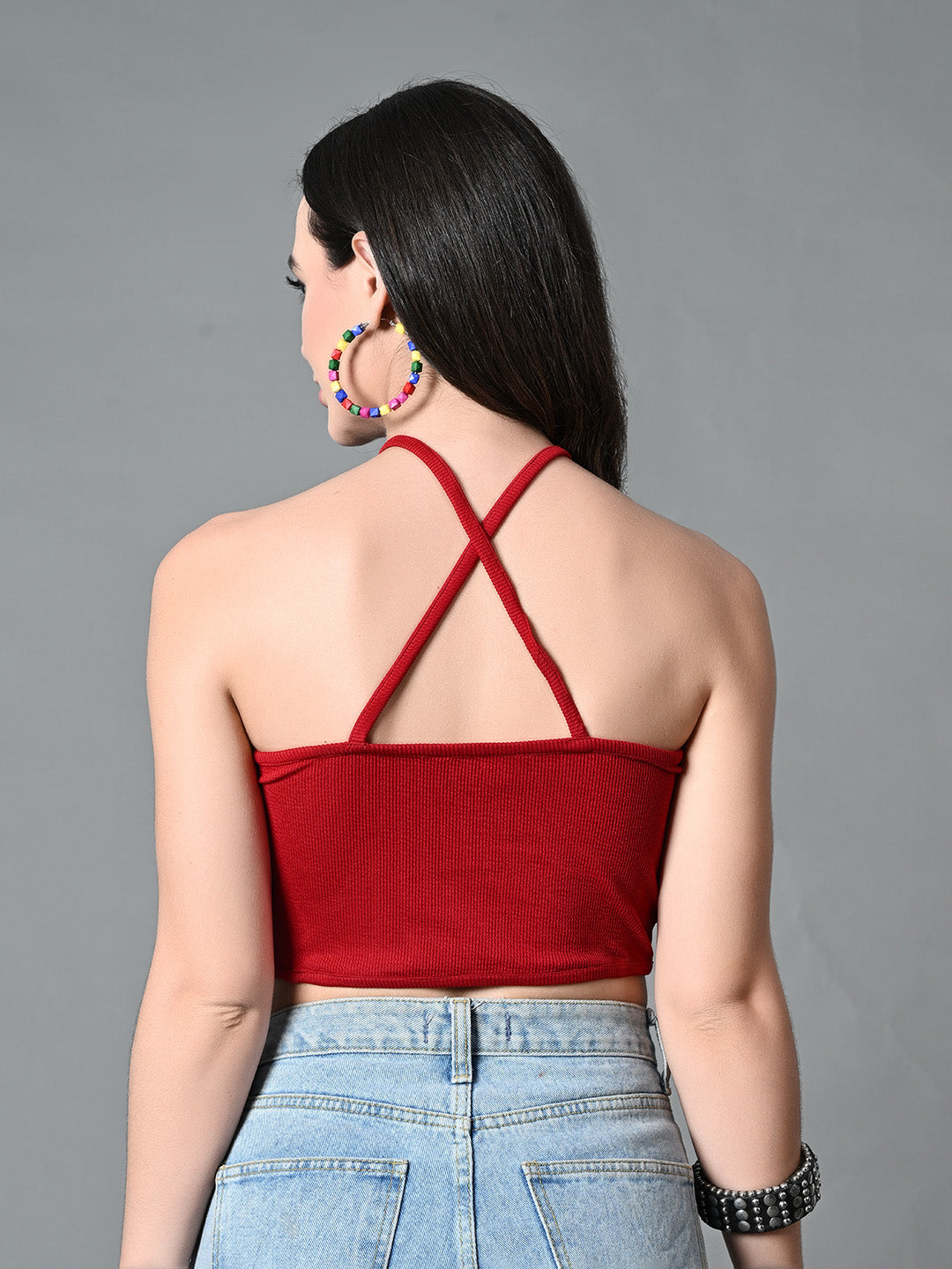 Myshka Women's Ribbed Halter Neck Sleeveless Top in Maroon Color | Grocsy