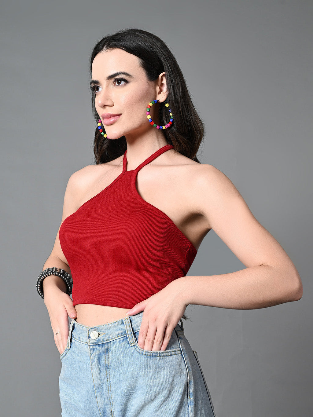 Myshka Women's Ribbed Halter Neck Sleeveless Top in Maroon Color | Grocsy