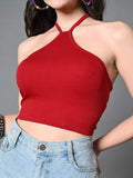 Myshka Women's Ribbed Halter Neck Sleeveless Top in Maroon Color | Grocsy