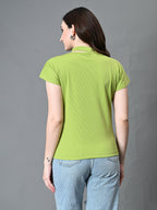 Myshka Women's Ribbed Choker Neck Cut-out Short Sleeves Top in Green Color | Grocsy