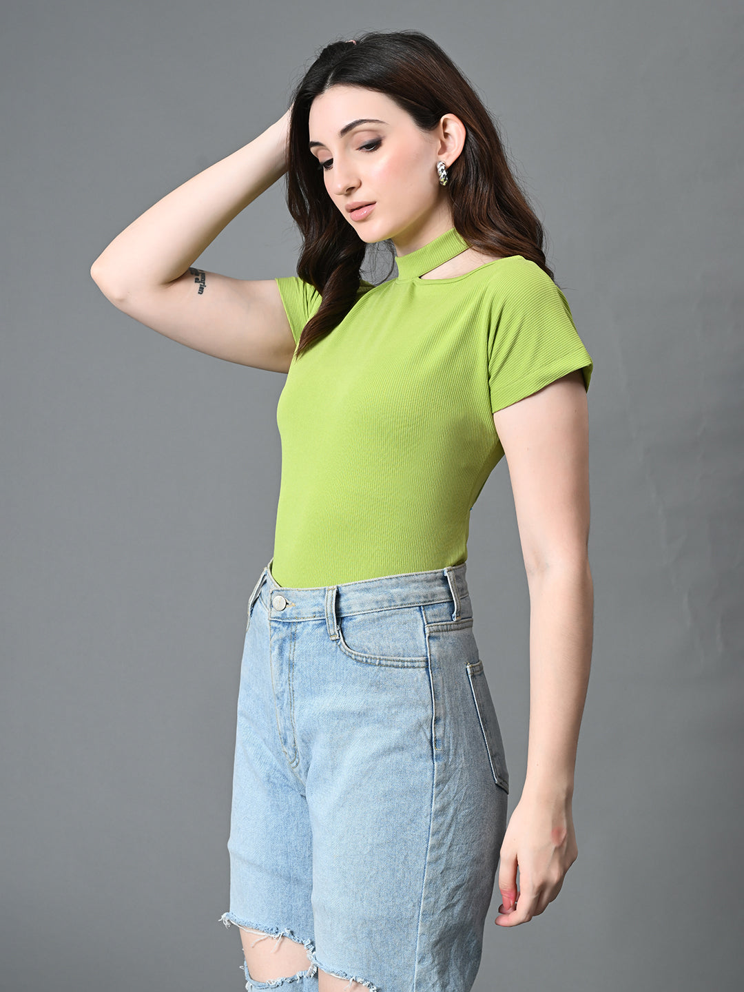 Myshka Women's Ribbed Choker Neck Cut-out Short Sleeves Top in Green Color | Grocsy