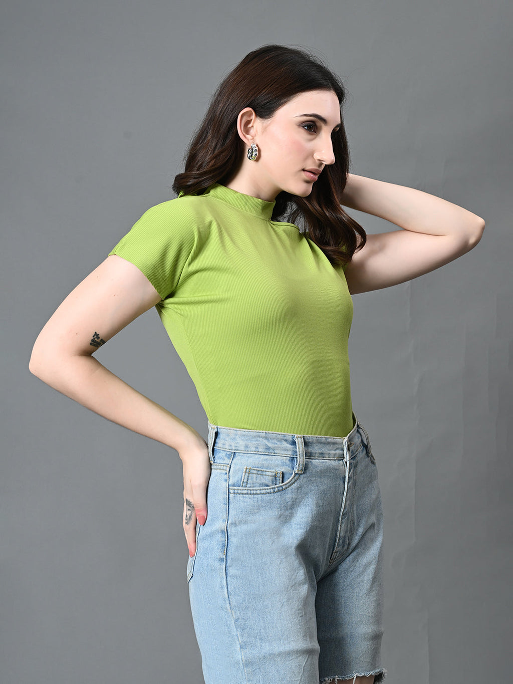 Myshka Women's Ribbed Choker Neck Cut-out Short Sleeves Top in Green Color | Grocsy