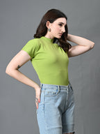 Myshka Women's Ribbed Choker Neck Cut-out Short Sleeves Top in Green Color | Grocsy