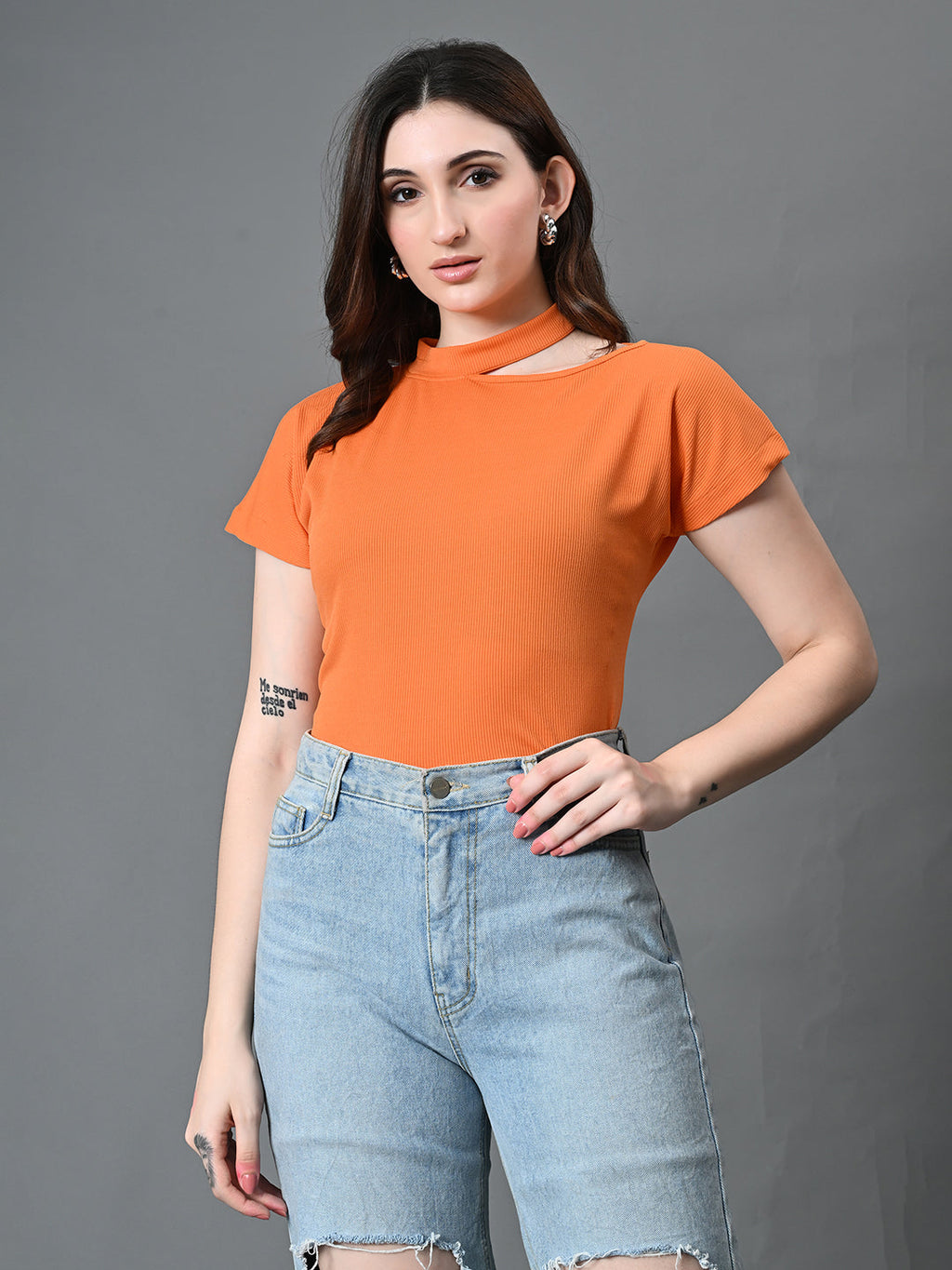 Myshka Women's Ribbed Choker Neck Cut-out Short Sleeves Top in Orange Color | Grocsy
