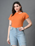 Myshka Women's Ribbed Choker Neck Cut-out Short Sleeves Top in Orange Color | Grocsy