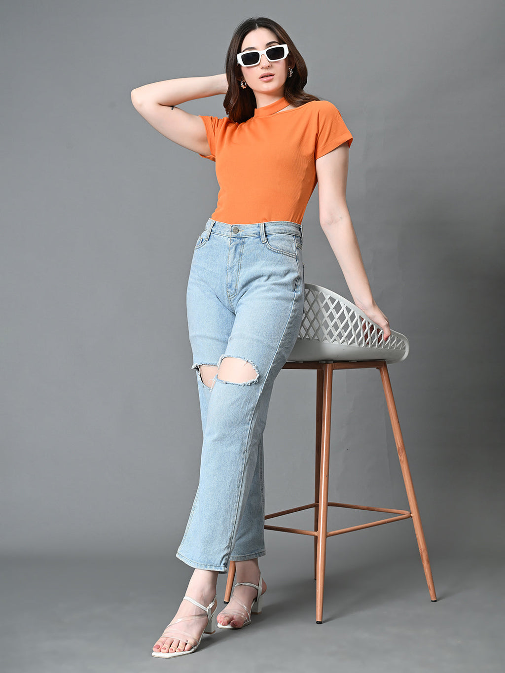 Myshka Women's Ribbed Choker Neck Cut-out Short Sleeves Top in Orange Color | Grocsy