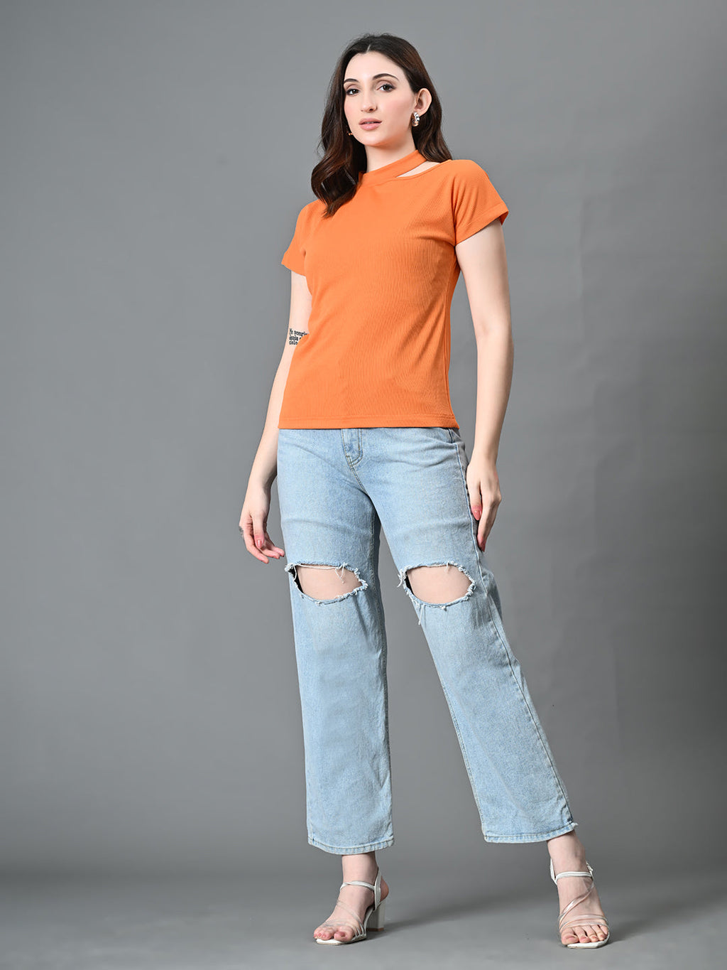 Myshka Women's Ribbed Choker Neck Cut-out Short Sleeves Top in Orange Color | Grocsy