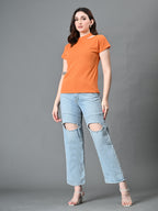 Myshka Women's Ribbed Choker Neck Cut-out Short Sleeves Top in Orange Color | Grocsy