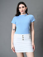 Myshka Women's Ribbed Choker Neck Cut-out Short Sleeves Top in Blue Color | Grocsy