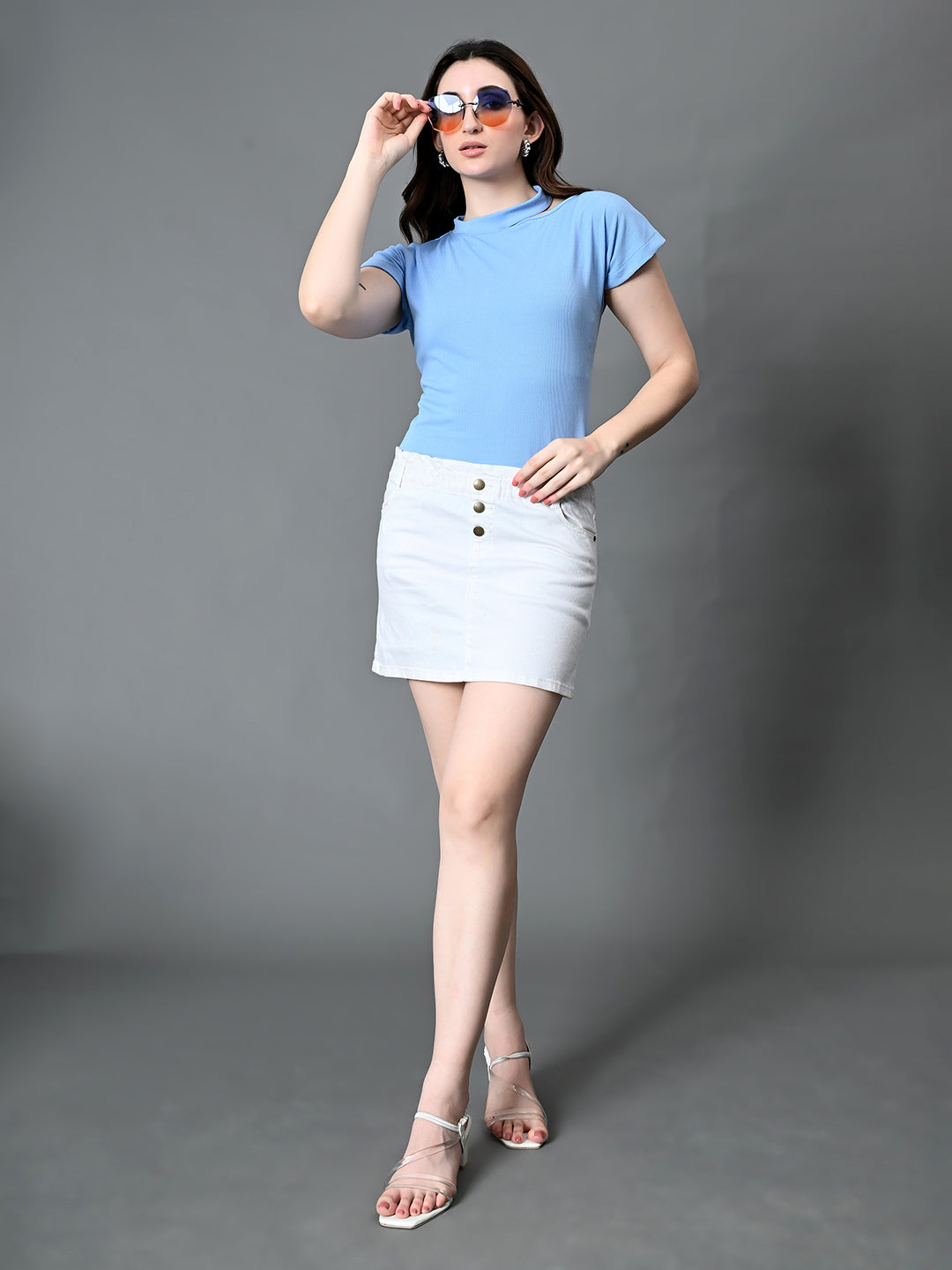 Myshka Women's Ribbed Choker Neck Cut-out Short Sleeves Top in Blue Color | Grocsy