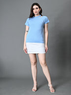 Myshka Women's Ribbed Choker Neck Cut-out Short Sleeves Top in Blue Color | Grocsy