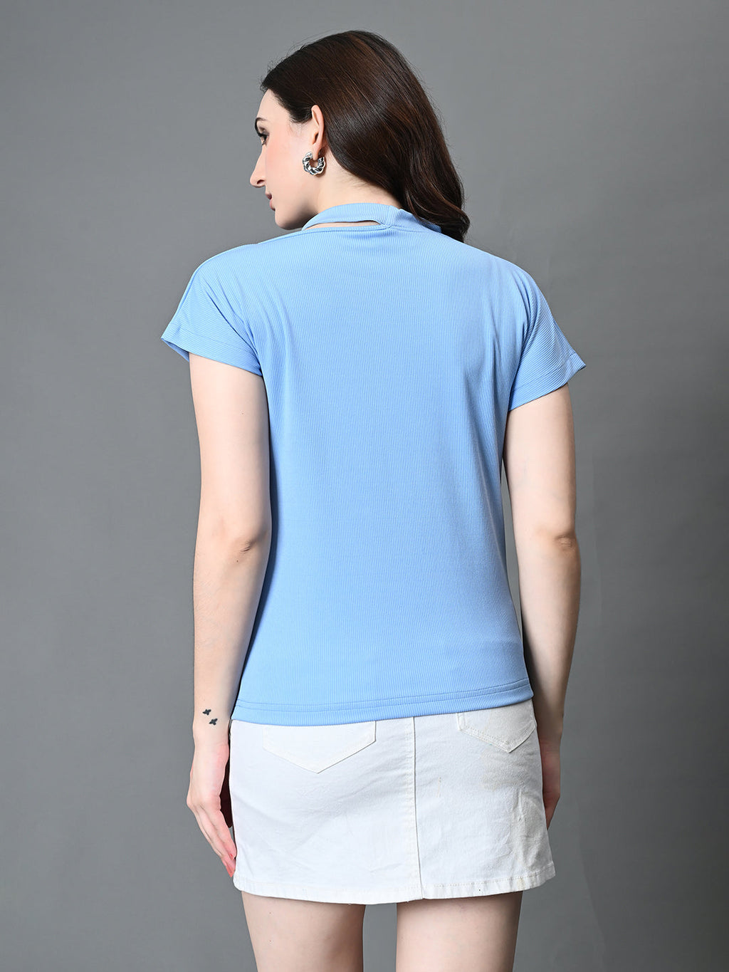 Myshka Women's Ribbed Choker Neck Cut-out Short Sleeves Top in Blue Color | Grocsy