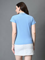 Myshka Women's Ribbed Choker Neck Cut-out Short Sleeves Top in Blue Color | Grocsy