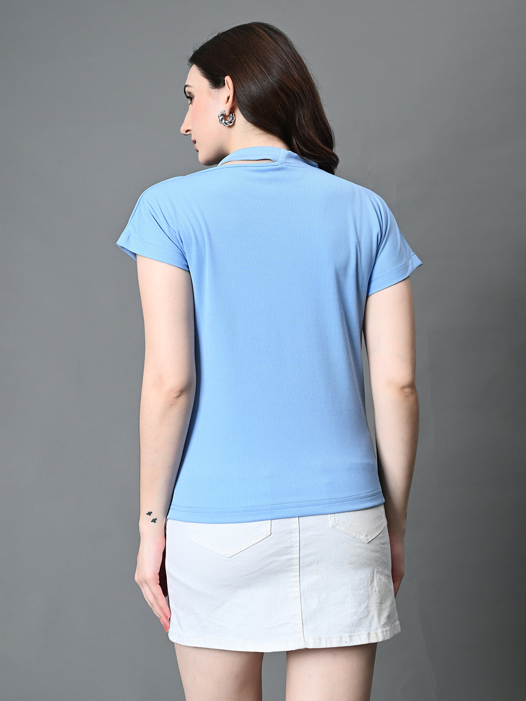 Myshka Women's Ribbed Choker Neck Cut-out Short Sleeves Top in Blue Color | Grocsy