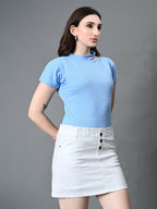 Myshka Women's Ribbed Choker Neck Cut-out Short Sleeves Top in Blue Color | Grocsy