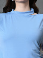 Myshka Women's Ribbed Choker Neck Cut-out Short Sleeves Top in Blue Color | Grocsy
