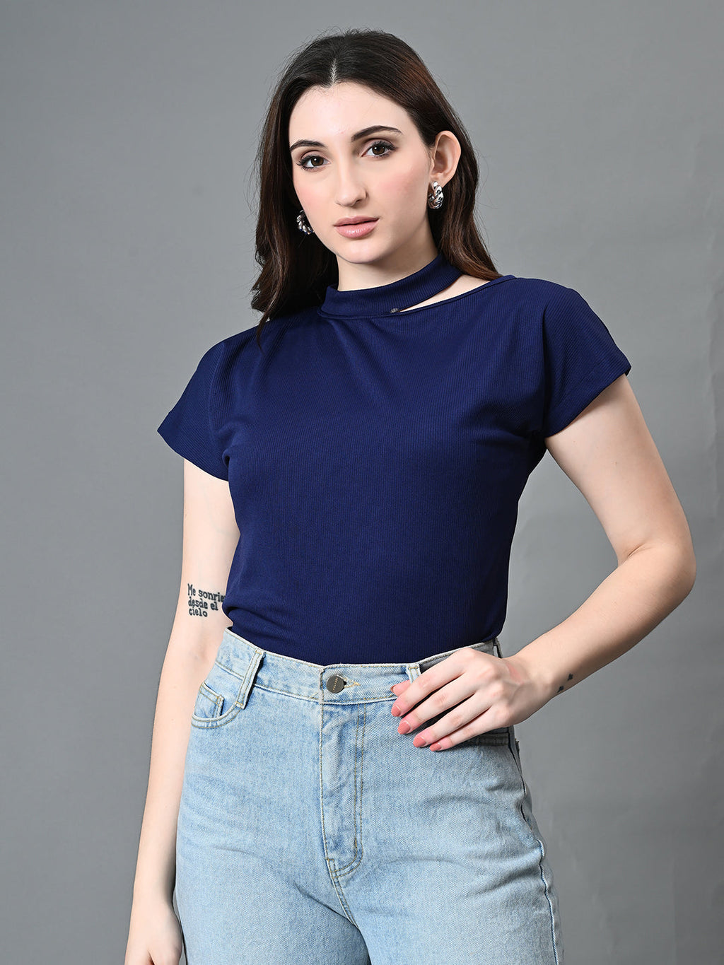 Myshka Women's Ribbed Choker Neck Cut-out Short Sleeves Top in Navy Blue Color | Grocsy