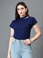 Myshka Women's Ribbed Choker Neck Cut-out Short Sleeves Top in Navy Blue Color | Grocsy