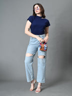 Myshka Women's Ribbed Choker Neck Cut-out Short Sleeves Top in Navy Blue Color | Grocsy
