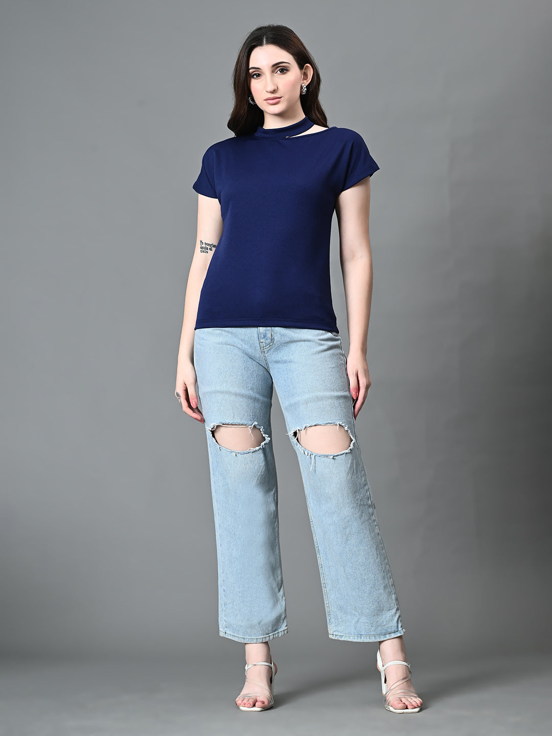 Myshka Women's Ribbed Choker Neck Cut-out Short Sleeves Top in Navy Blue Color | Grocsy
