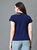 Myshka Women's Ribbed Choker Neck Cut-out Short Sleeves Top in Navy Blue Color | Grocsy