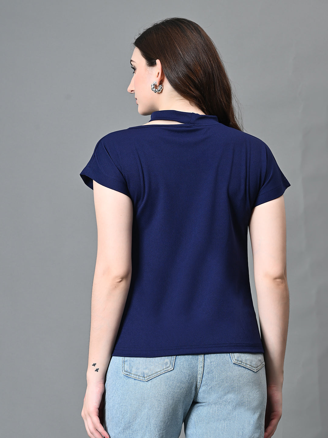 Myshka Women's Ribbed Choker Neck Cut-out Short Sleeves Top in Navy Blue Color | Grocsy