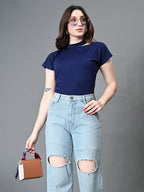 Myshka Women's Ribbed Choker Neck Cut-out Short Sleeves Top in Navy Blue Color | Grocsy