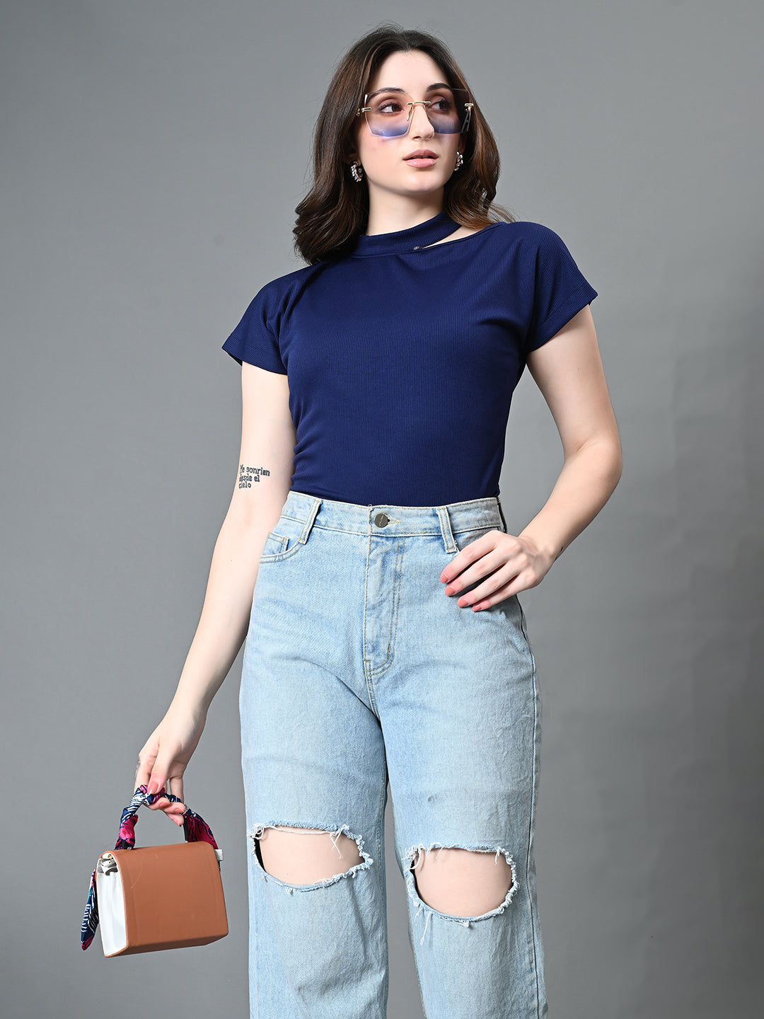 Myshka Women's Ribbed Choker Neck Cut-out Short Sleeves Top in Navy Blue Color | Grocsy