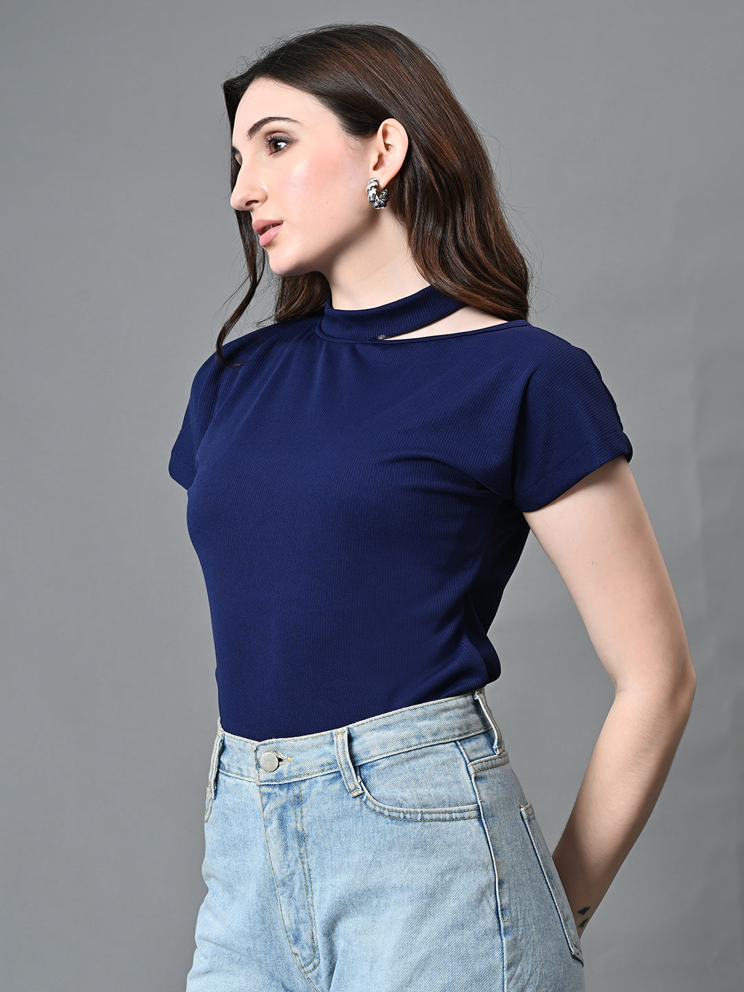 Myshka Women's Ribbed Choker Neck Cut-out Short Sleeves Top in Navy Blue Color | Grocsy