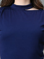 Myshka Women's Ribbed Choker Neck Cut-out Short Sleeves Top in Navy Blue Color | Grocsy