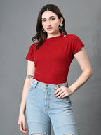 Myshka Women's Ribbed Choker Neck Cut-out Short Sleeves Top in Maroon Color | Grocsy