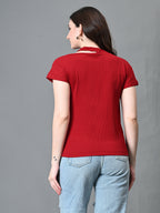 Myshka Women's Ribbed Choker Neck Cut-out Short Sleeves Top in Maroon Color | Grocsy