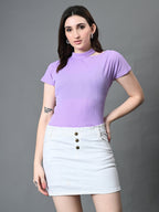 Myshka Women's Ribbed Choker Neck Cut-out Short Sleeves Top in Lavender Color | Grocsy