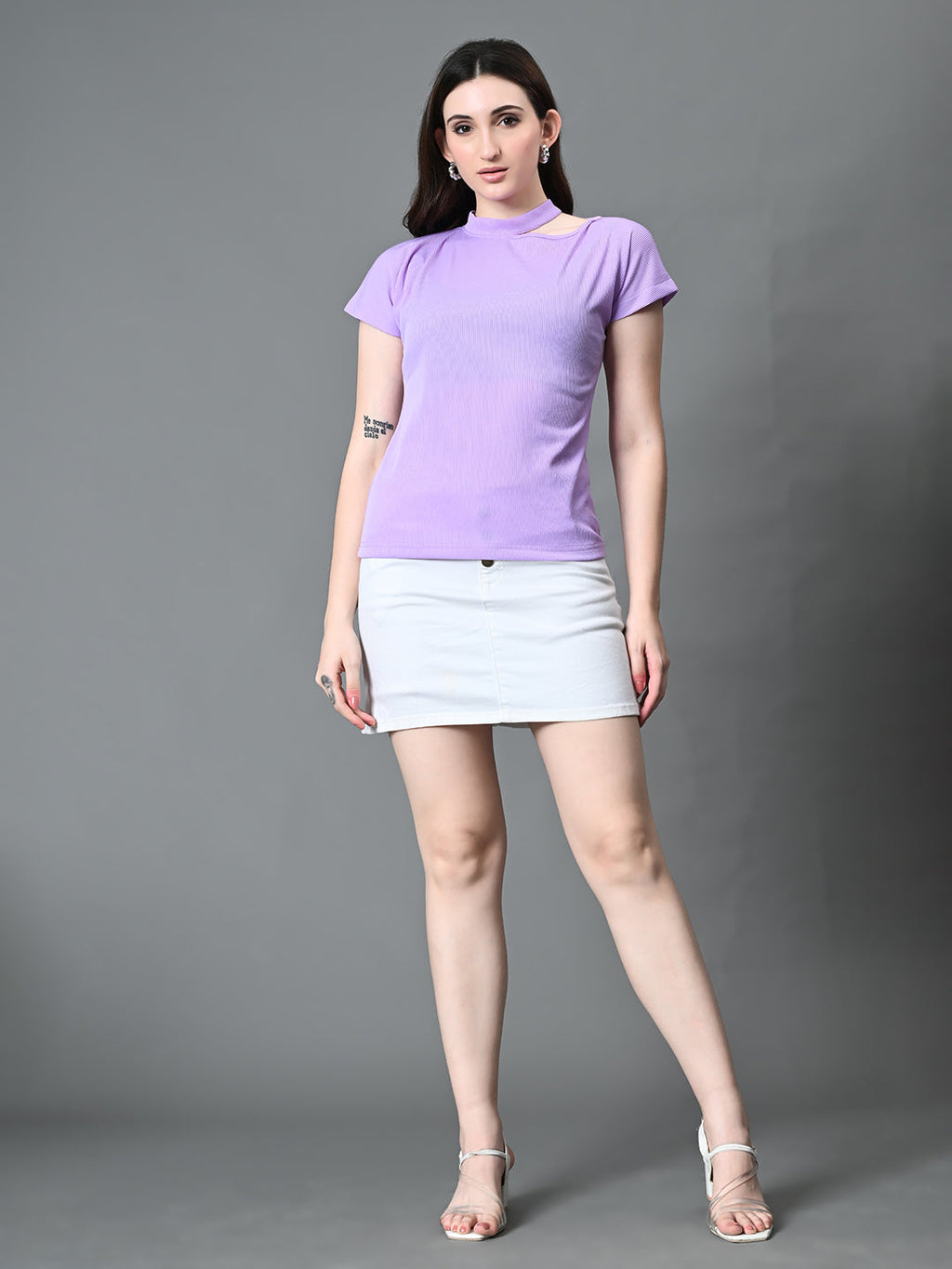 Myshka Women's Ribbed Choker Neck Cut-out Short Sleeves Top in Lavender Color | Grocsy