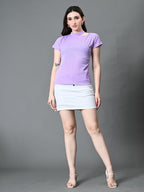 Myshka Women's Ribbed Choker Neck Cut-out Short Sleeves Top in Lavender Color | Grocsy