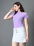 Myshka Women's Ribbed Choker Neck Cut-out Short Sleeves Top in Lavender Color | Grocsy