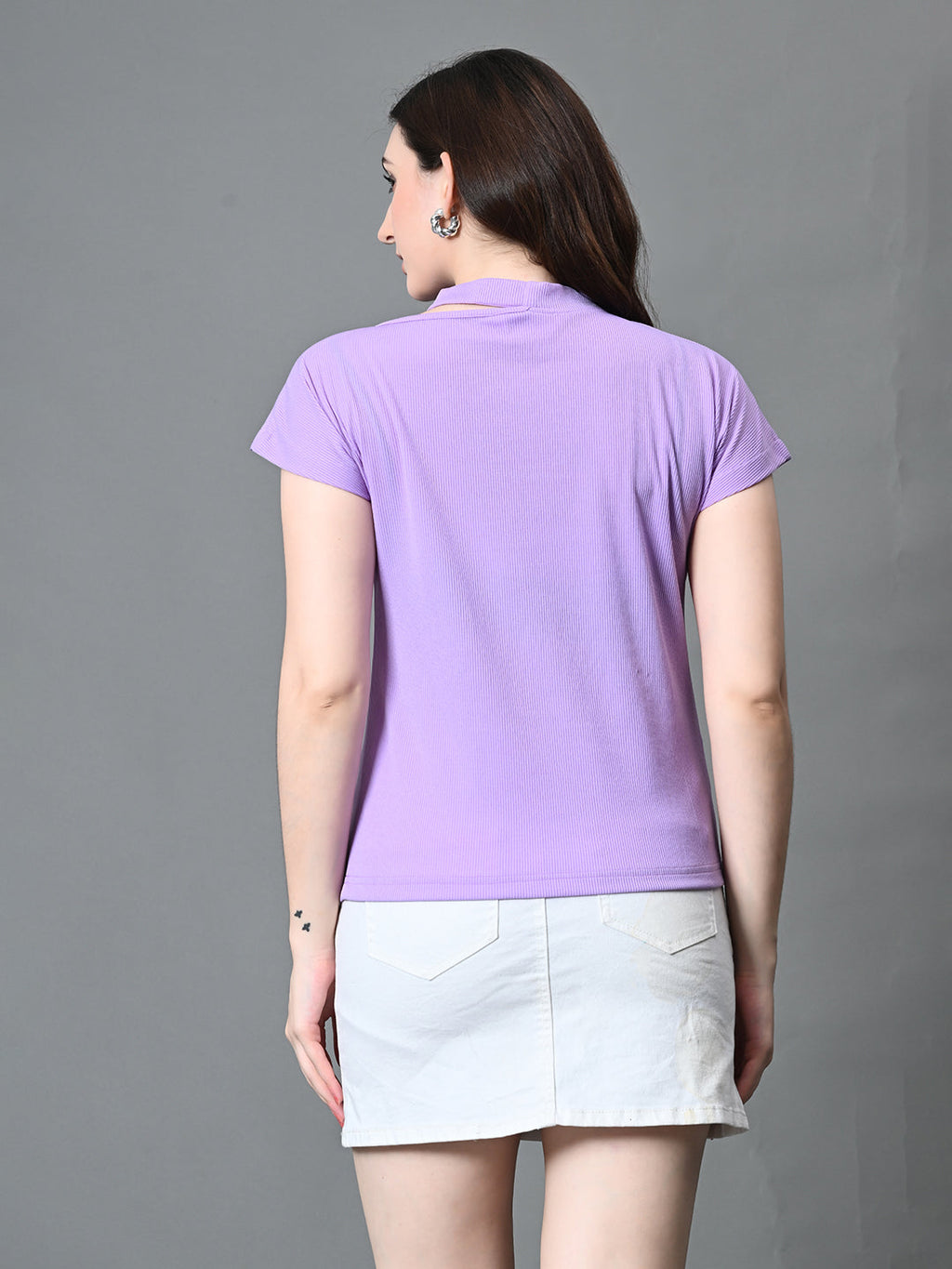 Myshka Women's Ribbed Choker Neck Cut-out Short Sleeves Top in Lavender Color | Grocsy