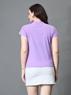 Myshka Women's Ribbed Choker Neck Cut-out Short Sleeves Top in Lavender Color | Grocsy
