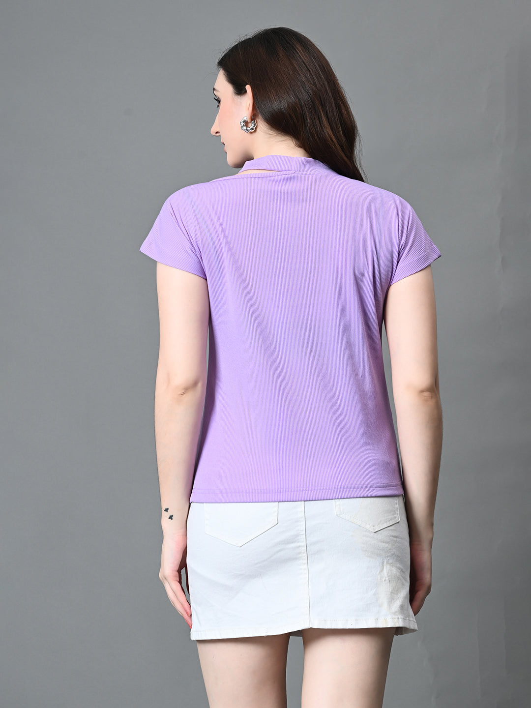 Myshka Women's Ribbed Choker Neck Cut-out Short Sleeves Top in Lavender Color | Grocsy