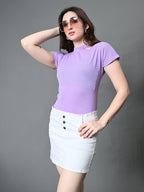 Myshka Women's Ribbed Choker Neck Cut-out Short Sleeves Top in Lavender Color | Grocsy