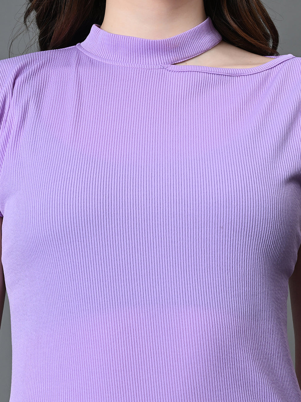 Myshka Women's Ribbed Choker Neck Cut-out Short Sleeves Top in Lavender Color | Grocsy