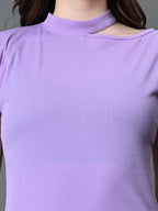 Myshka Women's Ribbed Choker Neck Cut-out Short Sleeves Top in Lavender Color | Grocsy