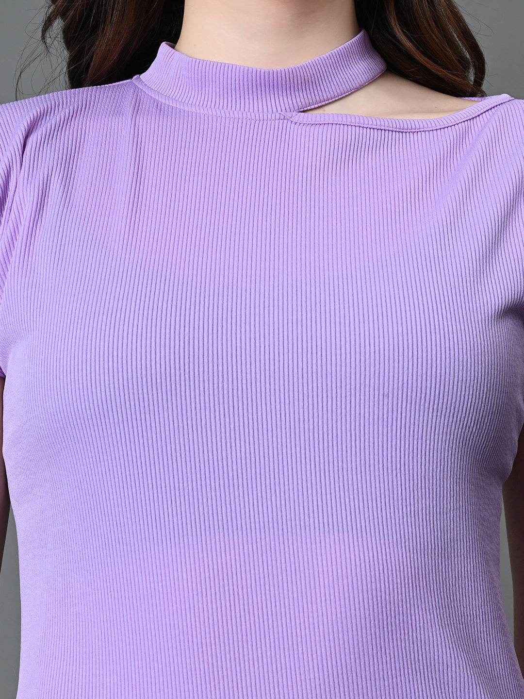 Myshka Women's Ribbed Choker Neck Cut-out Short Sleeves Top in Lavender Color | Grocsy