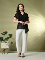 Myshka Women's Self Design Georgette High-Low Short Sleeves Party Tops In Black Color | Grocsy