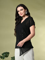 Myshka Women's Self Design Georgette High-Low Short Sleeves Party Tops In Black Color | Grocsy