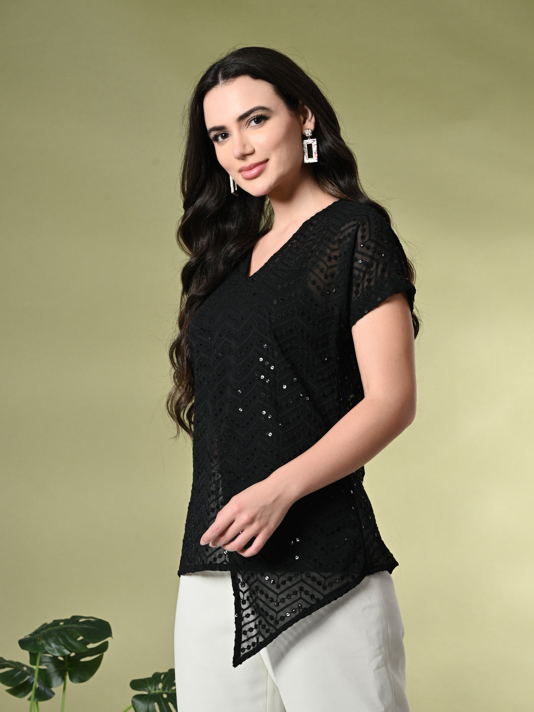 Myshka Women's Self Design Georgette High-Low Short Sleeves Party Tops In Black Color | Grocsy