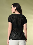 Myshka Women's Self Design Georgette High-Low Short Sleeves Party Tops In Black Color | Grocsy