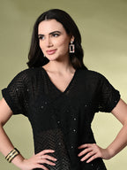 Myshka Women's Self Design Georgette High-Low Short Sleeves Party Tops In Black Color | Grocsy