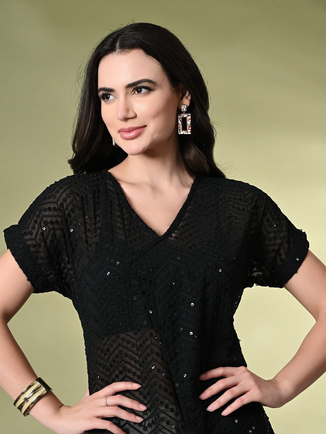 Myshka Women's Self Design Georgette High-Low Short Sleeves Party Tops In Black Color | Grocsy