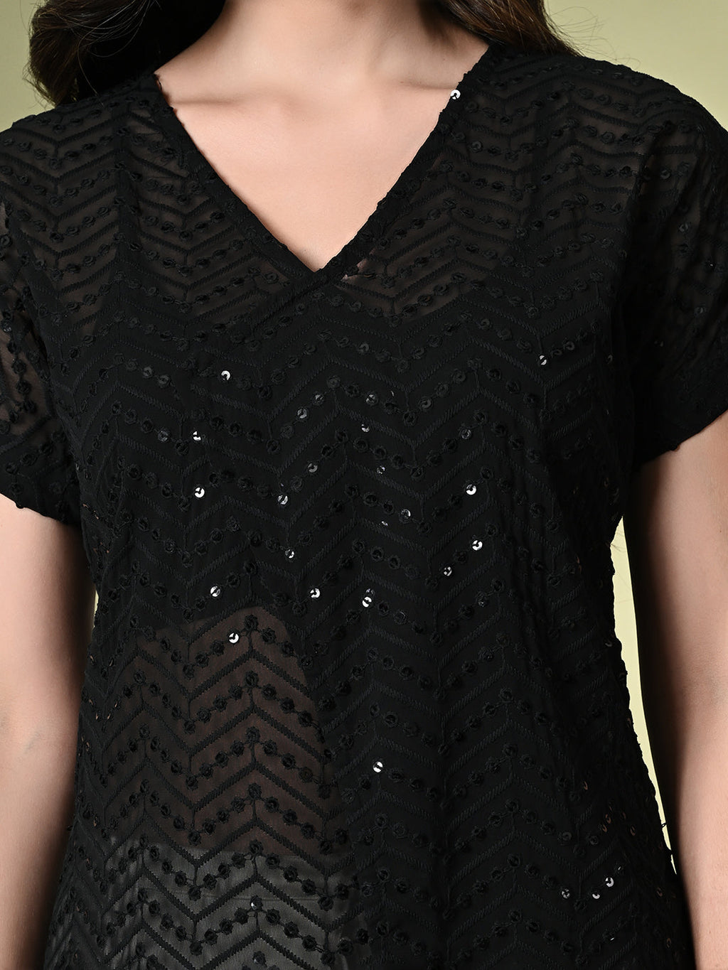 Myshka Women's Self Design Georgette High-Low Short Sleeves Party Tops In Black Color | Grocsy